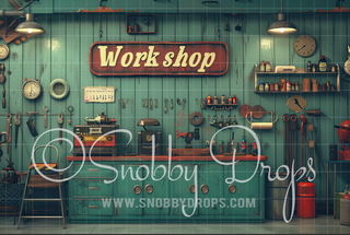 Teal Vintage Car Shop Garage Fabric Backdrop-Fabric Photography Backdrop-Snobby Drops Fabric Backdrops for Photography, Exclusive Designs by Tara Mapes Photography, Enchanted Eye Creations by Tara Mapes, photography backgrounds, photography backdrops, fast shipping, US backdrops, cheap photography backdrops