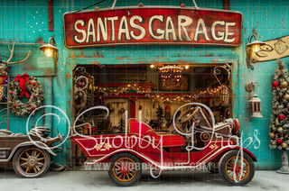 Teal Vintage Santa's Garage Fabric Backdrop-Fabric Photography Backdrop-Snobby Drops Fabric Backdrops for Photography, Exclusive Designs by Tara Mapes Photography, Enchanted Eye Creations by Tara Mapes, photography backgrounds, photography backdrops, fast shipping, US backdrops, cheap photography backdrops