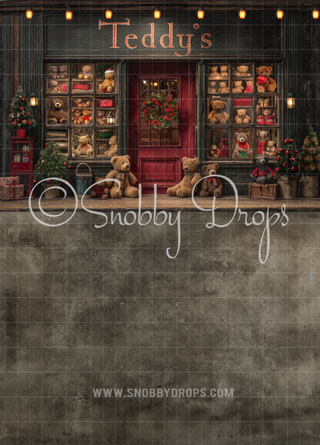 Teddy's Shop Christmas Fabric Backdrop Sweep-Fabric Photography Sweep-Snobby Drops Fabric Backdrops for Photography, Exclusive Designs by Tara Mapes Photography, Enchanted Eye Creations by Tara Mapes, photography backgrounds, photography backdrops, fast shipping, US backdrops, cheap photography backdrops