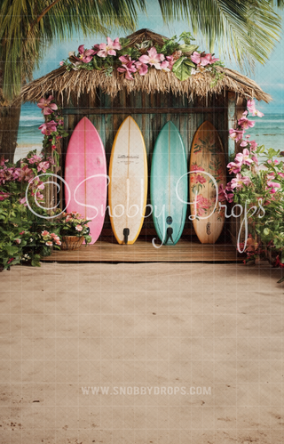 Tiki Surf Hut on Beach Fabric Backdrop Sweep-Fabric Photography Sweep-Snobby Drops Fabric Backdrops for Photography, Exclusive Designs by Tara Mapes Photography, Enchanted Eye Creations by Tara Mapes, photography backgrounds, photography backdrops, fast shipping, US backdrops, cheap photography backdrops
