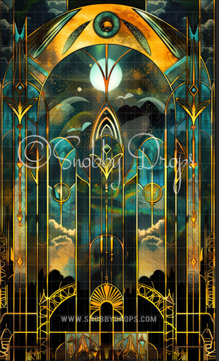 Turquoise and Gold Art Deco Fabric Backdrop Sweep-Fabric Photography Sweep-Snobby Drops Fabric Backdrops for Photography, Exclusive Designs by Tara Mapes Photography, Enchanted Eye Creations by Tara Mapes, photography backgrounds, photography backdrops, fast shipping, US backdrops, cheap photography backdrops