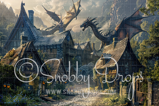 Viking Village Dragons Fabric Backdrop-Fabric Photography Backdrop-Snobby Drops Fabric Backdrops for Photography, Exclusive Designs by Tara Mapes Photography, Enchanted Eye Creations by Tara Mapes, photography backgrounds, photography backdrops, fast shipping, US backdrops, cheap photography backdrops