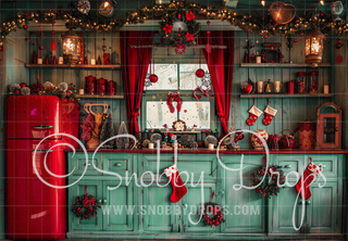 Vintage Teal and Red Accent Christmas Kitchen Christmas Fabric Backdrop-Fabric Photography Backdrop-Snobby Drops Fabric Backdrops for Photography, Exclusive Designs by Tara Mapes Photography, Enchanted Eye Creations by Tara Mapes, photography backgrounds, photography backdrops, fast shipping, US backdrops, cheap photography backdrops