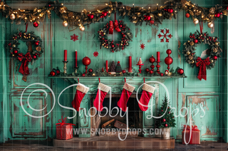 Vintage Teal and Red Fireplace Christmas Fabric Backdrop-Fabric Photography Backdrop-Snobby Drops Fabric Backdrops for Photography, Exclusive Designs by Tara Mapes Photography, Enchanted Eye Creations by Tara Mapes, photography backgrounds, photography backdrops, fast shipping, US backdrops, cheap photography backdrops