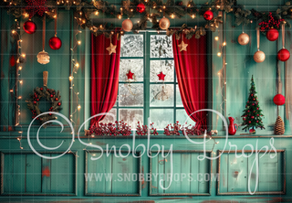 Vintage Teal Window Christmas Fabric Backdrop-Fabric Photography Backdrop-Snobby Drops Fabric Backdrops for Photography, Exclusive Designs by Tara Mapes Photography, Enchanted Eye Creations by Tara Mapes, photography backgrounds, photography backdrops, fast shipping, US backdrops, cheap photography backdrops