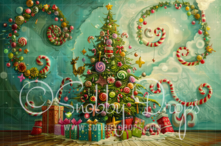 Whimsyville Candy Christmas Tree Fabric Backdrop-Fabric Photography Backdrop-Snobby Drops Fabric Backdrops for Photography, Exclusive Designs by Tara Mapes Photography, Enchanted Eye Creations by Tara Mapes, photography backgrounds, photography backdrops, fast shipping, US backdrops, cheap photography backdrops