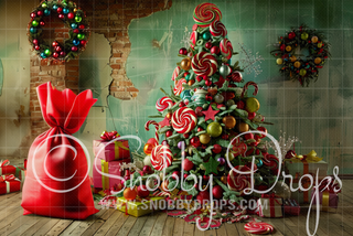 Whimsyville Colorful Christmas Tree Fabric Backdrop-Fabric Photography Backdrop-Snobby Drops Fabric Backdrops for Photography, Exclusive Designs by Tara Mapes Photography, Enchanted Eye Creations by Tara Mapes, photography backgrounds, photography backdrops, fast shipping, US backdrops, cheap photography backdrops