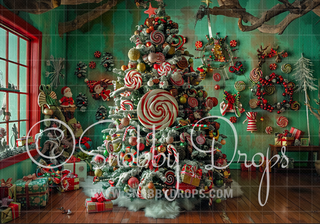 Whimsyville Colorful Christmas Tree Room Fabric Backdrop-Fabric Photography Backdrop-Snobby Drops Fabric Backdrops for Photography, Exclusive Designs by Tara Mapes Photography, Enchanted Eye Creations by Tara Mapes, photography backgrounds, photography backdrops, fast shipping, US backdrops, cheap photography backdrops