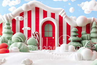 Whimsyville House with Blue Sky Fabric Backdrop-Fabric Photography Backdrop-Snobby Drops Fabric Backdrops for Photography, Exclusive Designs by Tara Mapes Photography, Enchanted Eye Creations by Tara Mapes, photography backgrounds, photography backdrops, fast shipping, US backdrops, cheap photography backdrops