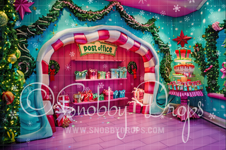 Whimsyville Pink and Blue Post Office Fabric Photography Backdrop-Fabric Photography Backdrop-Snobby Drops Fabric Backdrops for Photography, Exclusive Designs by Tara Mapes Photography, Enchanted Eye Creations by Tara Mapes, photography backgrounds, photography backdrops, fast shipping, US backdrops, cheap photography backdrops