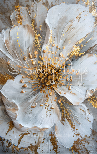 White and Gold Floral Painterly Fine Art Floral Fabric Backdrop Sweep-Fabric Photography Sweep-Snobby Drops Fabric Backdrops for Photography, Exclusive Designs by Tara Mapes Photography, Enchanted Eye Creations by Tara Mapes, photography backgrounds, photography backdrops, fast shipping, US backdrops, cheap photography backdrops
