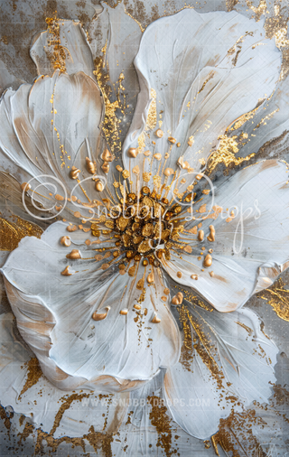 White and Gold Floral Painterly Fine Art Fabric Backdrop Sweep MA176-Fabric Photography Backdrop-Snobby Drops Fabric Backdrops for Photography, Exclusive Designs by Tara Mapes Photography, Enchanted Eye Creations by Tara Mapes, photography backgrounds, photography backdrops, fast shipping, US backdrops, cheap photography backdrops
