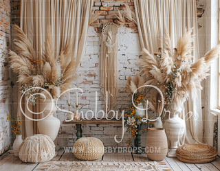 White Brick Boho Room with Flowers and Pampas Fine Art Fabric Backdrop-Fabric Photography Backdrop-Snobby Drops Fabric Backdrops for Photography, Exclusive Designs by Tara Mapes Photography, Enchanted Eye Creations by Tara Mapes, photography backgrounds, photography backdrops, fast shipping, US backdrops, cheap photography backdrops