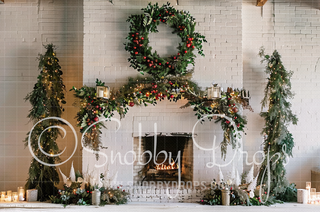 White Brick Garland Christmas Fireplace Fabric Backdrop-Fabric Photography Backdrop-Snobby Drops Fabric Backdrops for Photography, Exclusive Designs by Tara Mapes Photography, Enchanted Eye Creations by Tara Mapes, photography backgrounds, photography backdrops, fast shipping, US backdrops, cheap photography backdrops