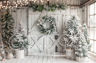 White Christmas Barn Door with Trees Fabric Backdrop-Fabric Photography Backdrop-Snobby Drops Fabric Backdrops for Photography, Exclusive Designs by Tara Mapes Photography, Enchanted Eye Creations by Tara Mapes, photography backgrounds, photography backdrops, fast shipping, US backdrops, cheap photography backdrops