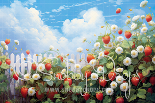White Fence with Strawberries Fabric Backdrop-Fabric Photography Backdrop-Snobby Drops Fabric Backdrops for Photography, Exclusive Designs by Tara Mapes Photography, Enchanted Eye Creations by Tara Mapes, photography backgrounds, photography backdrops, fast shipping, US backdrops, cheap photography backdrops