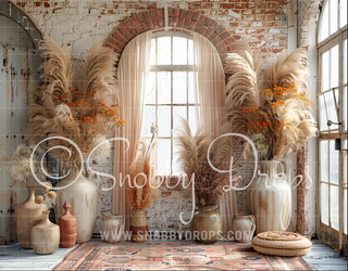 Windowed Boho Sun Room with Vases of Pampas Fine Art Fabric Backdrop-Fabric Photography Backdrop-Snobby Drops Fabric Backdrops for Photography, Exclusive Designs by Tara Mapes Photography, Enchanted Eye Creations by Tara Mapes, photography backgrounds, photography backdrops, fast shipping, US backdrops, cheap photography backdrops