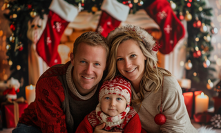 Family of three smiling by a fireplace decorated with red stockings and Christmas lights.