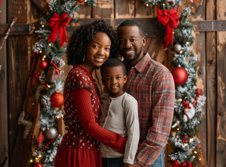 Family of three smiling in front of a rustic barn door backdrop decorated with Christmas garland.