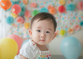 Baby in polka-dot overalls seated before a colorful paper lantern birthday backdrop.