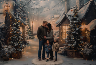 Family embracing outdoors amid snowy cottages strung with warm winter lights.