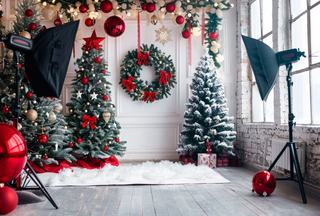 Christmas photo studio backdrop with decorated trees, wreath, and softbox lighting stands.