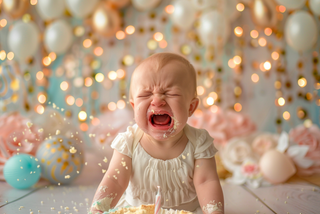 Crying baby covered in cake frosting during a birthday cake smash with balloons and bokeh lights.