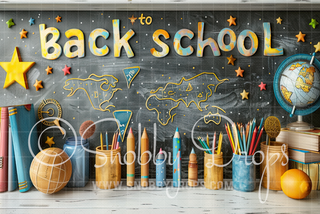 Back to school chalkboard backdrop with colorful lettering, pencils, globe, and stacked books.