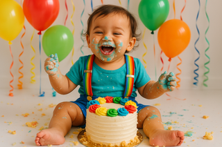 Laughing baby covered in frosting during a cake smash with colorful balloons and streamers.