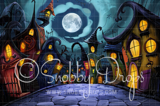 Spooky cartoon Halloween town backdrop with glowing windows, full moon, and cobblestone path.