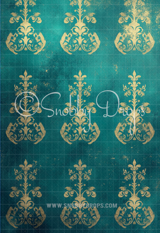 Teal fine art fabric backdrop with repeating gold damask fleur-de-lis pattern.