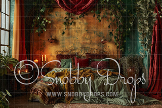 Moody fantasy bedroom backdrop with red curtains, ivy vines, candles, and a green velvet bed.