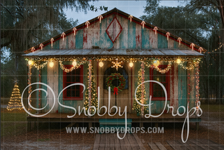 Teal Cajun Christmas Shack Fabric Backdrop