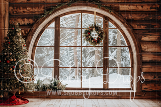 Wooden Christmas Window Arch Fabric Photography Backdrop