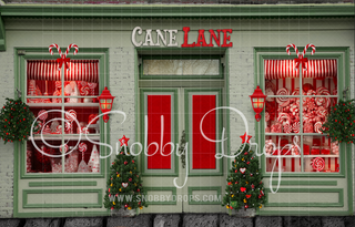 Cane Lane Peppermint Candy Shop Storefront Fabric Backdrop-Fabric Photography Backdrop-Snobby Drops Fabric Backdrops for Photography, Exclusive Designs by Tara Mapes Photography, Enchanted Eye Creations by Tara Mapes, photography backgrounds, photography backdrops, fast shipping, US backdrops, cheap photography backdrops