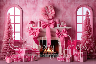 Holiday Bows Pink Dollhouse Christmas Fireplace Fabric Backdrop-Fabric Photography Backdrop-Snobby Drops Fabric Backdrops for Photography, Exclusive Designs by Tara Mapes Photography, Enchanted Eye Creations by Tara Mapes, photography backgrounds, photography backdrops, fast shipping, US backdrops, cheap photography backdrops