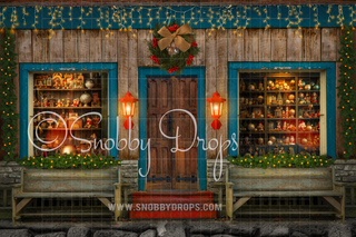 Rustic Baubles Christmas Shop Storefront Fabric Backdrop-Fabric Photography Backdrop-Snobby Drops Fabric Backdrops for Photography, Exclusive Designs by Tara Mapes Photography, Enchanted Eye Creations by Tara Mapes, photography backgrounds, photography backdrops, fast shipping, US backdrops, cheap photography backdrops