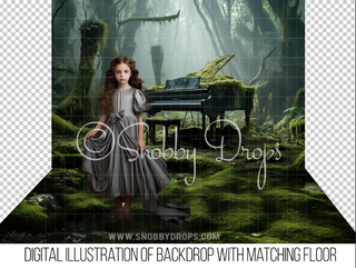 Piano in Mossy Forest Folklore Fabric Backdrop-Fabric Photography Backdrop-Snobby Drops Fabric Backdrops for Photography, Exclusive Designs by Tara Mapes Photography, Enchanted Eye Creations by Tara Mapes, photography backgrounds, photography backdrops, fast shipping, US backdrops, cheap photography backdrops