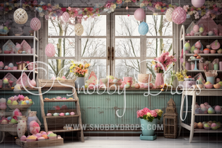 Pastel Easter Shop Interior Fabric Backdrop-Fabric Photography Backdrop-Snobby Drops Fabric Backdrops for Photography, Exclusive Designs by Tara Mapes Photography, Enchanted Eye Creations by Tara Mapes, photography backgrounds, photography backdrops, fast shipping, US backdrops, cheap photography backdrops