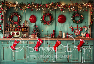 Vintage Teal and Red Christmas Cabinets Fabric Backdrop-Fabric Photography Backdrop-Snobby Drops Fabric Backdrops for Photography, Exclusive Designs by Tara Mapes Photography, Enchanted Eye Creations by Tara Mapes, photography backgrounds, photography backdrops, fast shipping, US backdrops, cheap photography backdrops