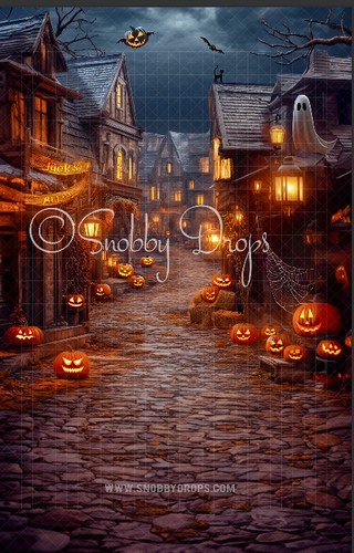 Twinkling Halloween Town Fabric Backdrop Sweep-Fabric Photography Sweep-Snobby Drops Fabric Backdrops for Photography, Exclusive Designs by Tara Mapes Photography, Enchanted Eye Creations by Tara Mapes, photography backgrounds, photography backdrops, fast shipping, US backdrops, cheap photography backdrops