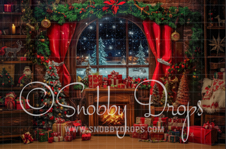 Festive Christmas Window Fabric Backdrop-Fabric Photography Backdrop-Snobby Drops Fabric Backdrops for Photography, Exclusive Designs by Tara Mapes Photography, Enchanted Eye Creations by Tara Mapes, photography backgrounds, photography backdrops, fast shipping, US backdrops, cheap photography backdrops