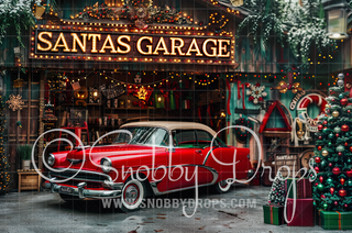 Santa's Vintage Garage with Car Fabric Backdrop-Fabric Photography Backdrop-Snobby Drops Fabric Backdrops for Photography, Exclusive Designs by Tara Mapes Photography, Enchanted Eye Creations by Tara Mapes, photography backgrounds, photography backdrops, fast shipping, US backdrops, cheap photography backdrops