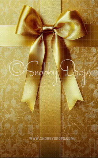 Gold Bow and Ribbon Fabric Backdrop Sweep-Fabric Photography Sweep-Snobby Drops Fabric Backdrops for Photography, Exclusive Designs by Tara Mapes Photography, Enchanted Eye Creations by Tara Mapes, photography backgrounds, photography backdrops, fast shipping, US backdrops, cheap photography backdrops