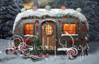 Snowy Christmas Camper Fabric Backdrop-Fabric Photography Backdrop-Snobby Drops Fabric Backdrops for Photography, Exclusive Designs by Tara Mapes Photography, Enchanted Eye Creations by Tara Mapes, photography backgrounds, photography backdrops, fast shipping, US backdrops, cheap photography backdrops