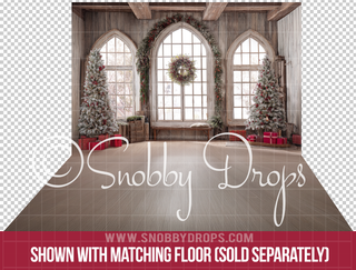 Shabby Chic White Christmas Trees with Windows Fabric Photography Backdrop-Fabric Photography Backdrop-Snobby Drops Fabric Backdrops for Photography, Exclusive Designs by Tara Mapes Photography, Enchanted Eye Creations by Tara Mapes, photography backgrounds, photography backdrops, fast shipping, US backdrops, cheap photography backdrops
