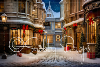 Winter Christmas Town Fabric Backdrop-Fabric Photography Backdrop-Snobby Drops Fabric Backdrops for Photography, Exclusive Designs by Tara Mapes Photography, Enchanted Eye Creations by Tara Mapes, photography backgrounds, photography backdrops, fast shipping, US backdrops, cheap photography backdrops
