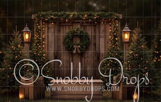 Pine Trees and Crates in Lights Christmas Fabric Backdrop