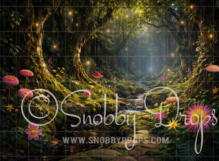 Magical Fairy Path with Pink and Yellow Flowers Fabric Backdrop