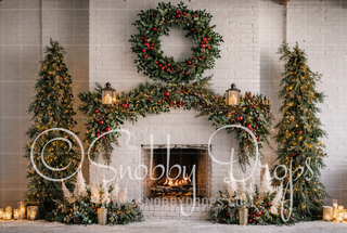 White Brick Christmas Fireplace Fabric Backdrop